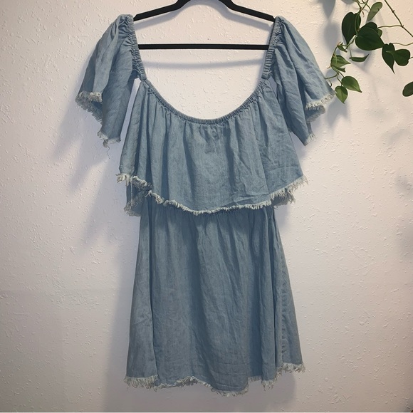 Off The Shoulder Denim Mini Dress - Picture 2 of 4